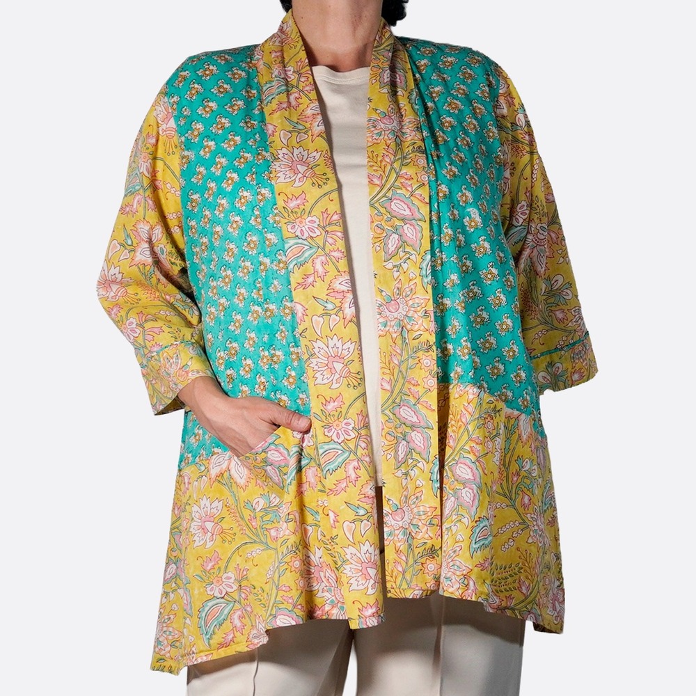 World Market 100% Cotton Kimono Robe Yellow Teal Floral Cardigan Plus 1X XL 2X